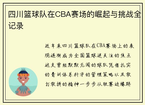 四川篮球队在CBA赛场的崛起与挑战全记录