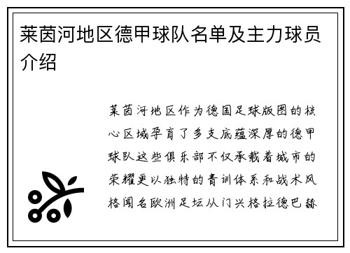 莱茵河地区德甲球队名单及主力球员介绍